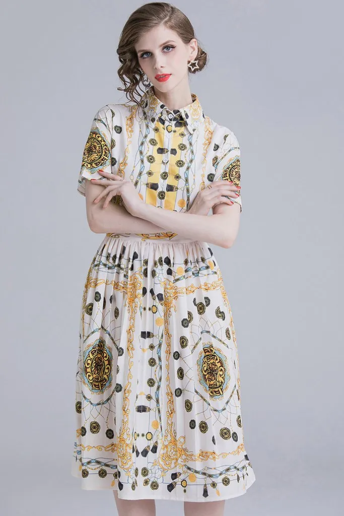 Pleated Button Front A-Line Dress