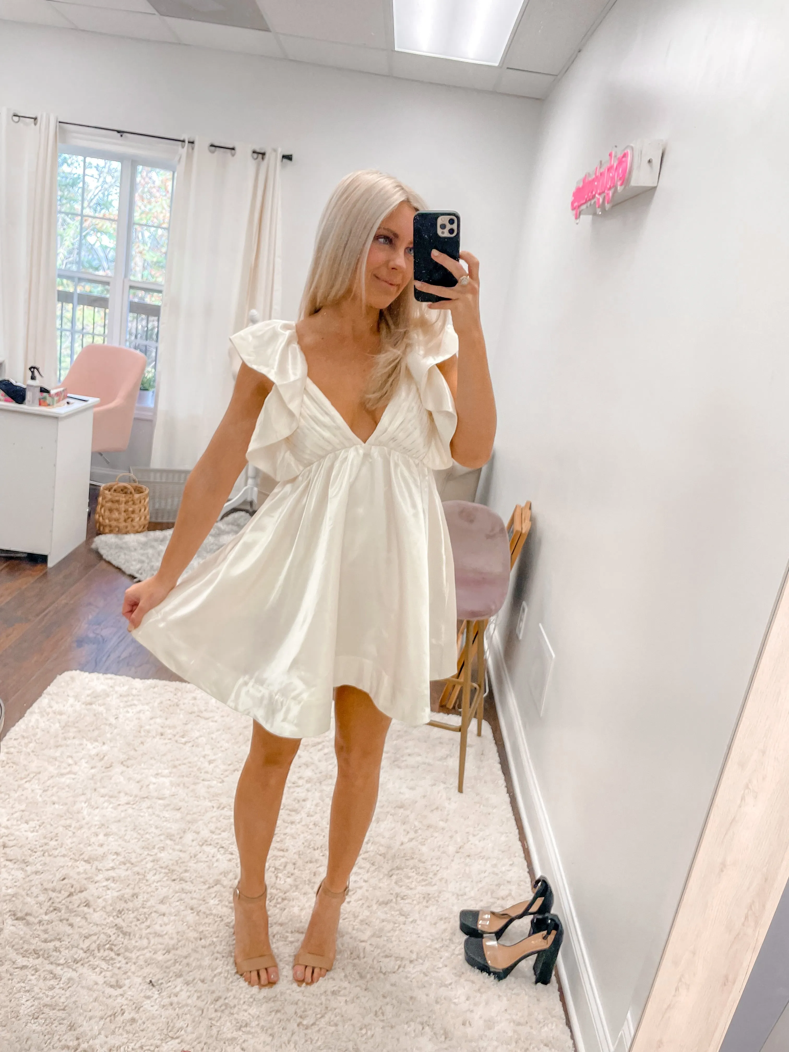 Pleated Ruffle Mini Dress- Cream