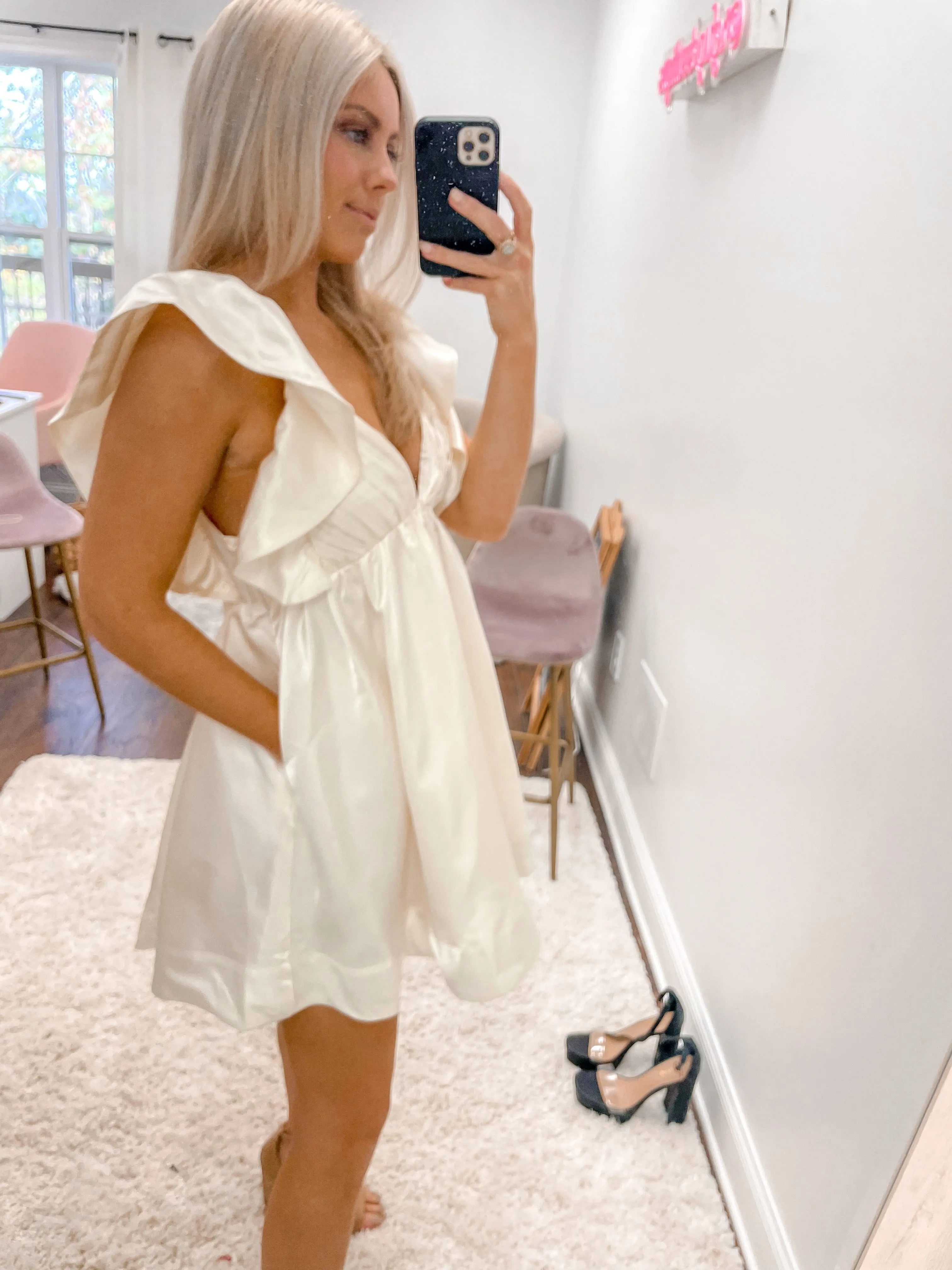 Pleated Ruffle Mini Dress- Cream