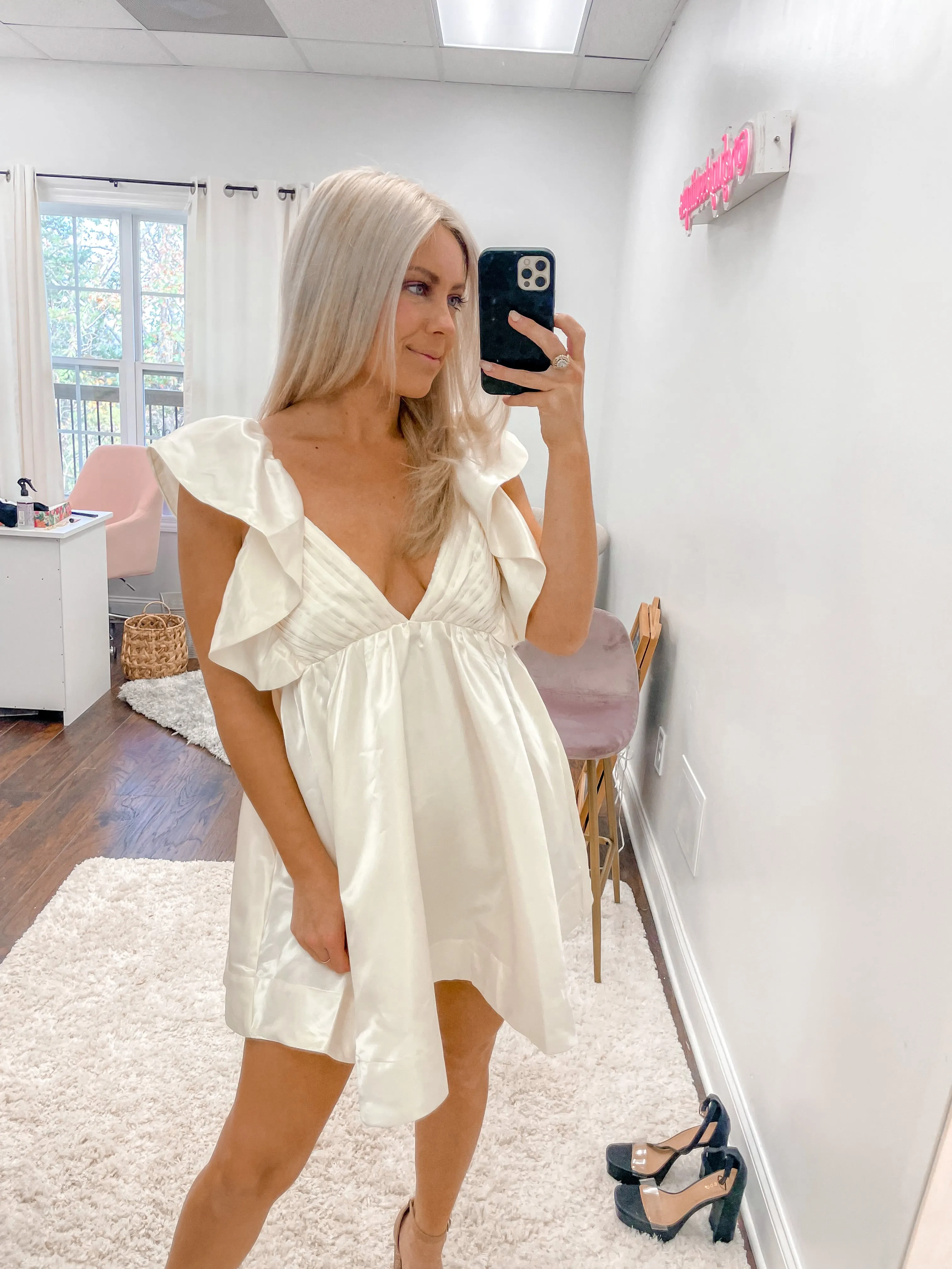 Pleated Ruffle Mini Dress- Cream