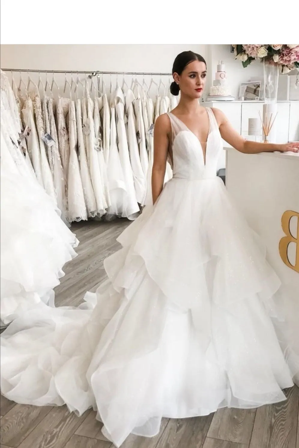 Pleated V-neck Princess Bridal Dress with Layers Organza Skirt