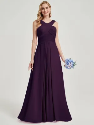 Plum Pleated Chiffon Cross-Neck A-Line Floor Length Bridesmaid Dress