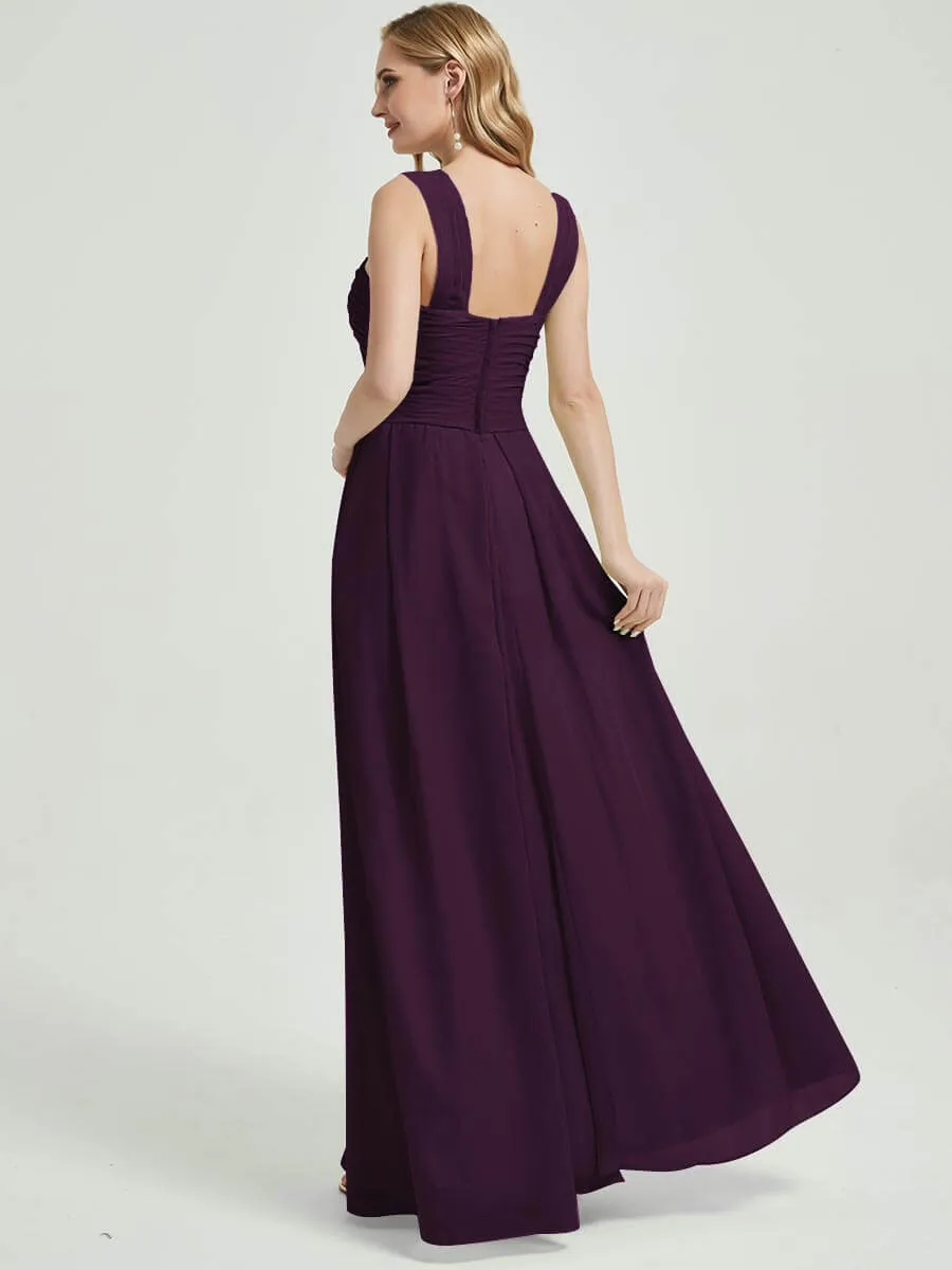 Plum Pleated Chiffon Cross-Neck A-Line Floor Length Bridesmaid Dress