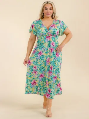 PLUS SIZE SHORT SLEEVE SURPLICE FLORAL MAXI DRESS