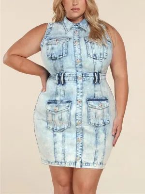 PLUS SIZE SLEEVELESS COLLAR DENIM WASHED MINI DRESS