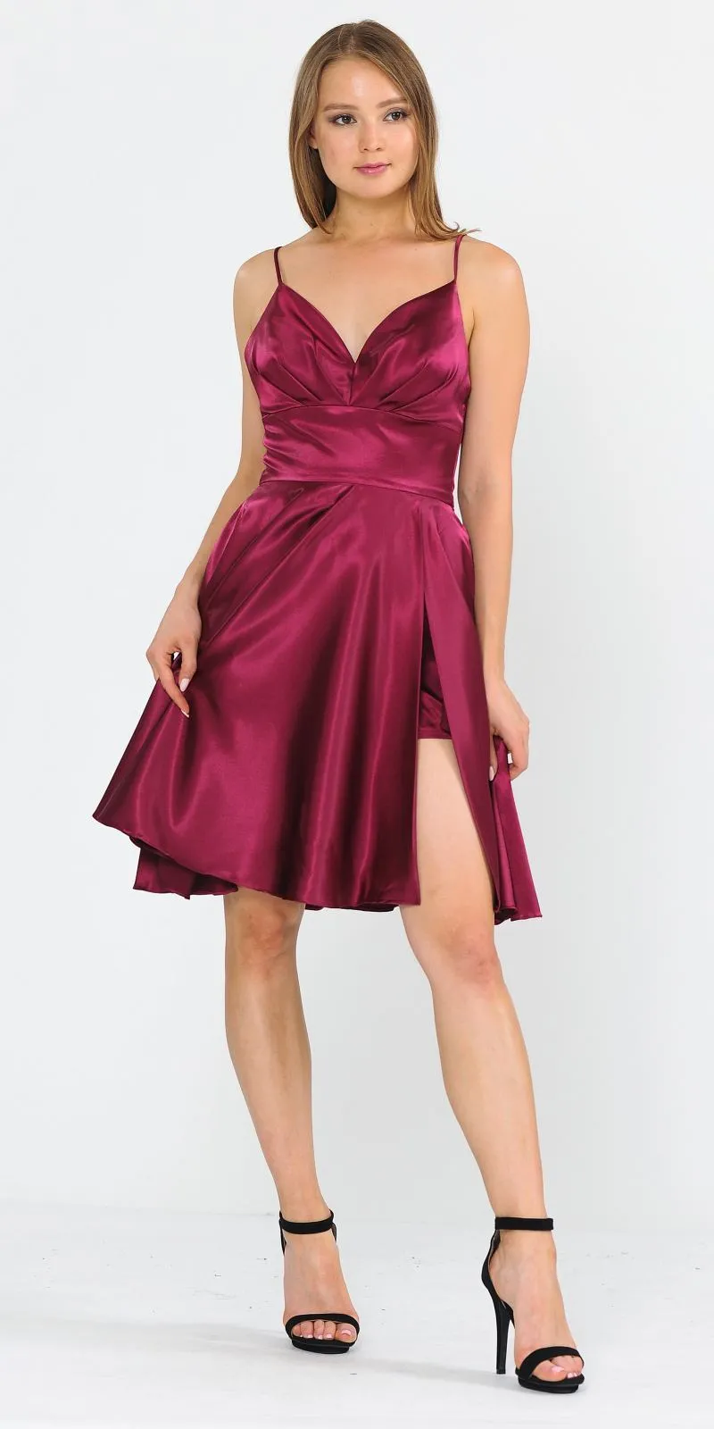 Poly USA 8536 Short A-Line Satin Romper Dress V-Neck