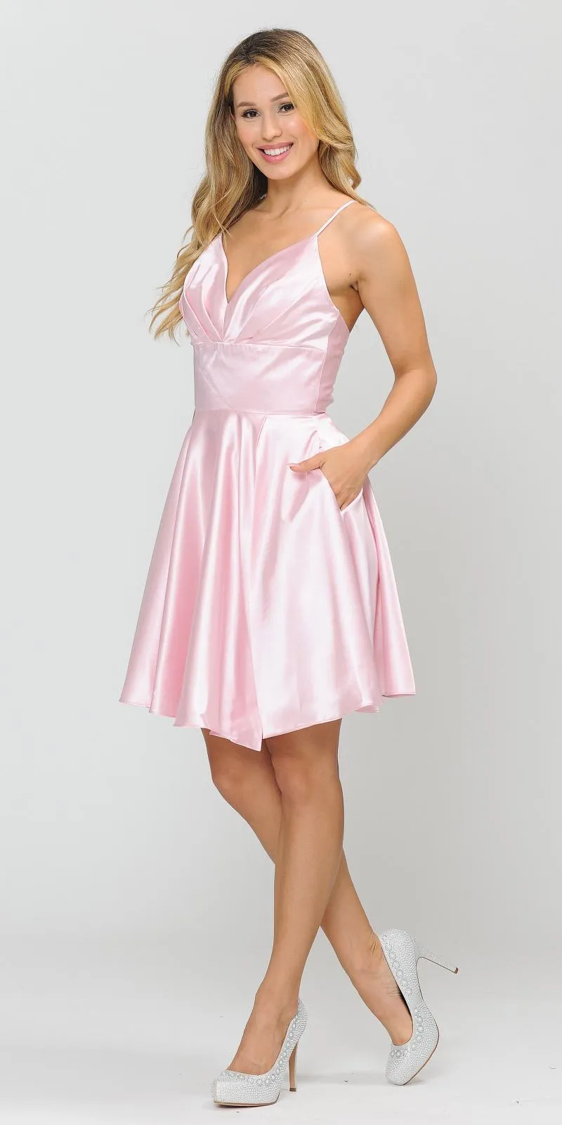 Poly USA 8536 Short A-Line Satin Romper Dress V-Neck
