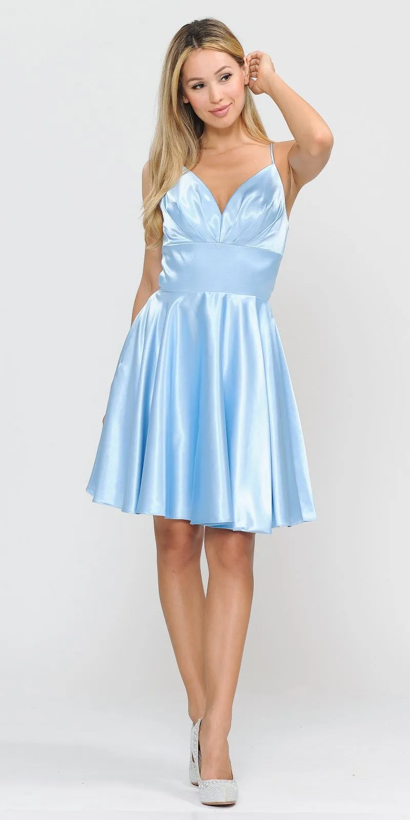 Poly USA 8536 Short A-Line Satin Romper Dress V-Neck