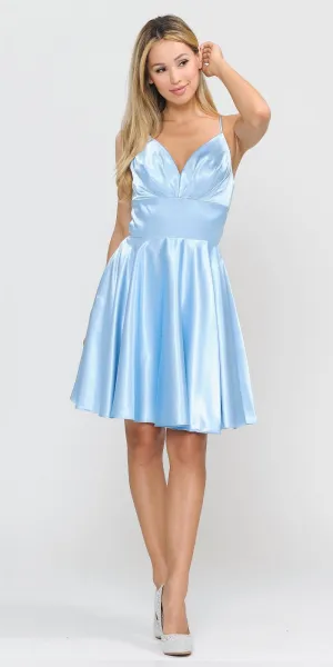 Poly USA 8536 Short A-Line Satin Romper Dress V-Neck