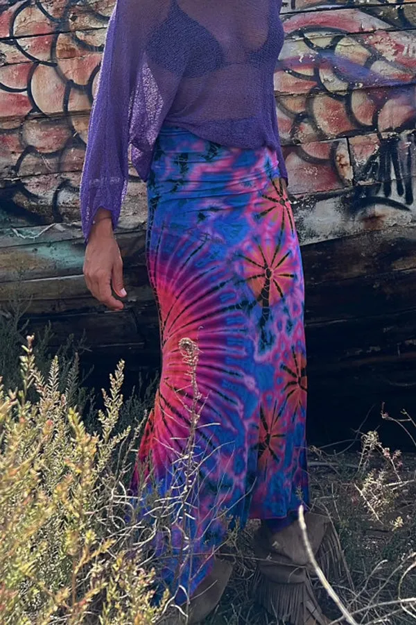 Preston Tie-dye Print Ruched Waist Stretch Slit Maxi Skirt