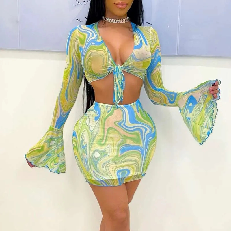 Print Flared Sleeve Deep V-Neck Crop Top & Skirts Set