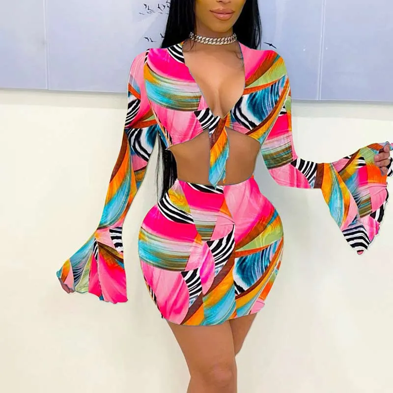 Print Flared Sleeve Deep V-Neck Crop Top & Skirts Set