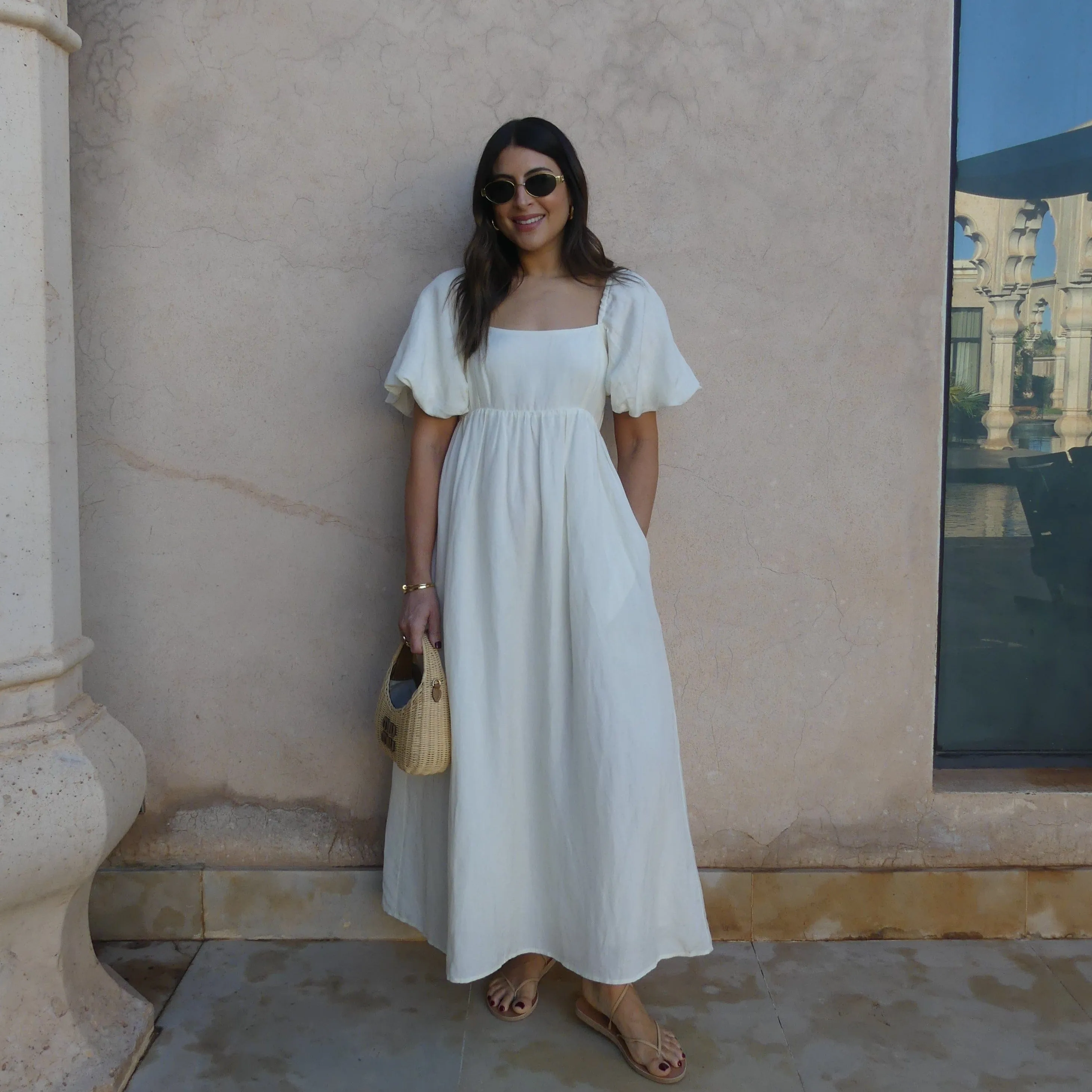 PUFF SLEEVE MIDI DRESS - BUTTERMILK
