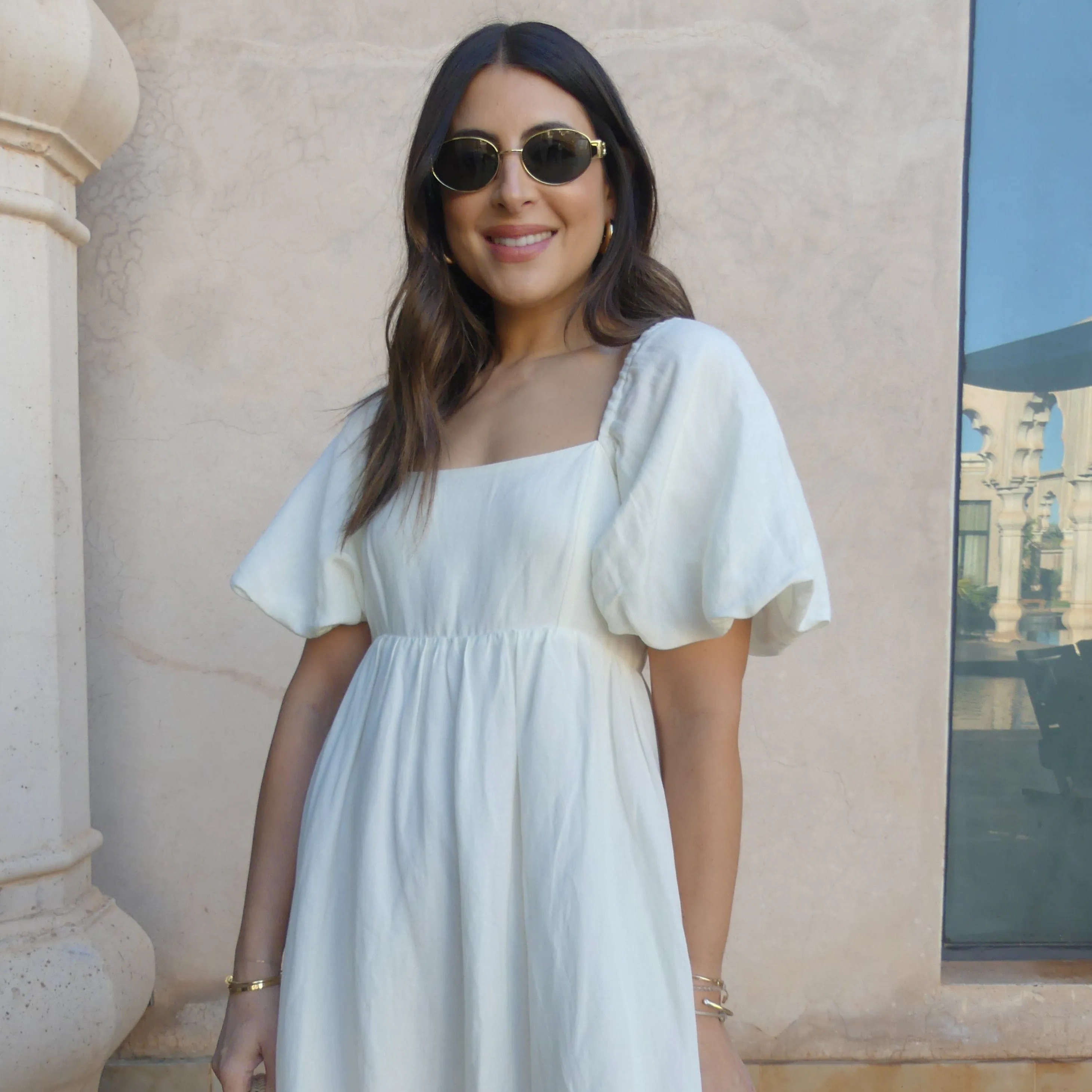 PUFF SLEEVE MIDI DRESS - BUTTERMILK