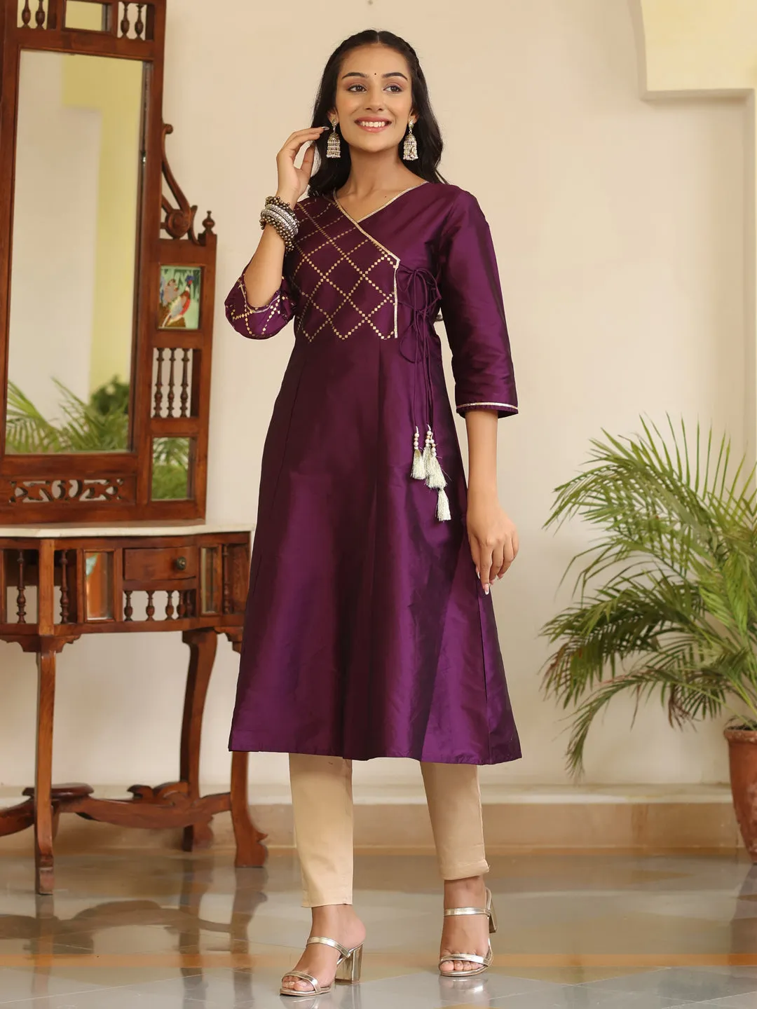 Purple Gold Print Angrakha Pattern Kurta