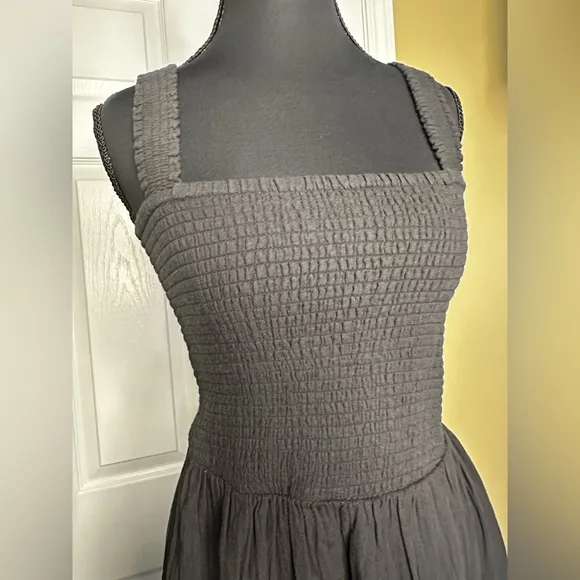 Quince Black Smocked Tiered Maxi Sundress - 100% Organic Cotton Gauze