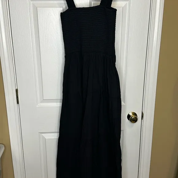 Quince Black Smocked Tiered Maxi Sundress - 100% Organic Cotton Gauze