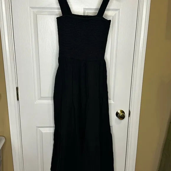 Quince Black Smocked Tiered Maxi Sundress - 100% Organic Cotton Gauze