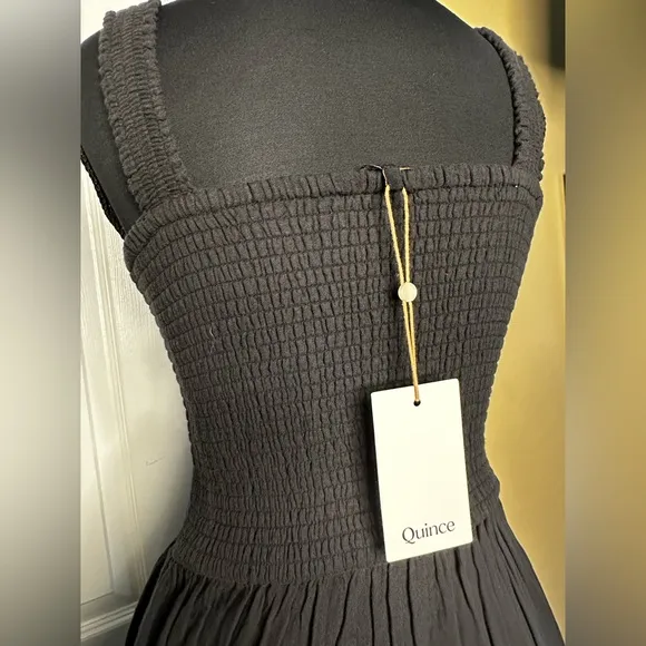 Quince Black Smocked Tiered Maxi Sundress - 100% Organic Cotton Gauze