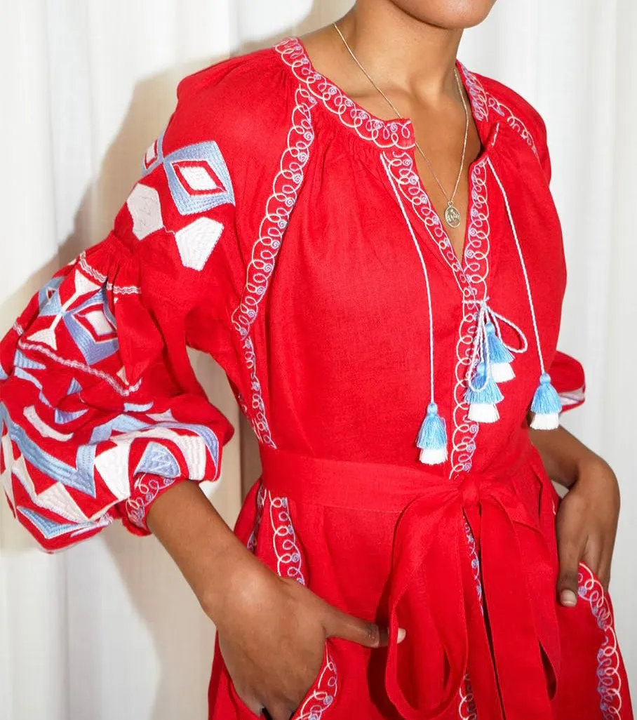 Red embroidered dress