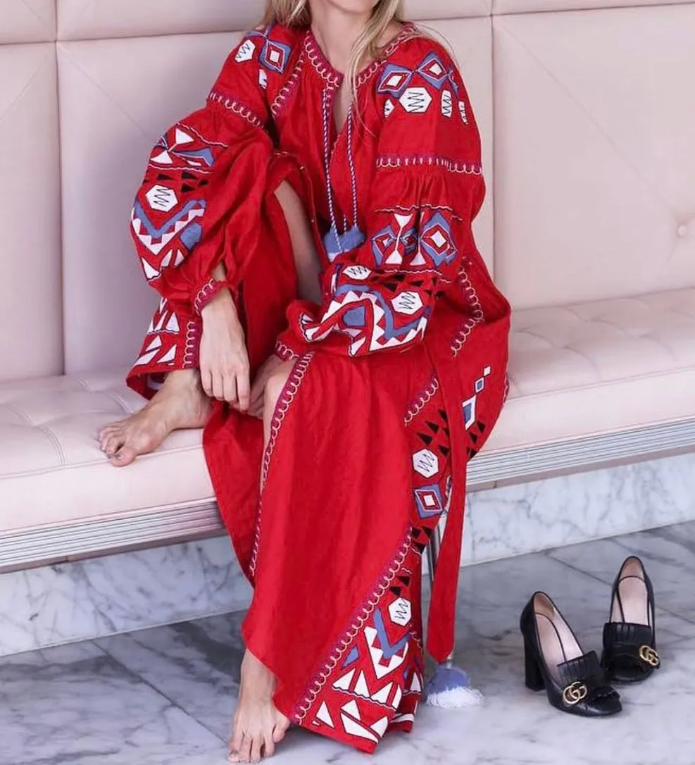 Red embroidered dress