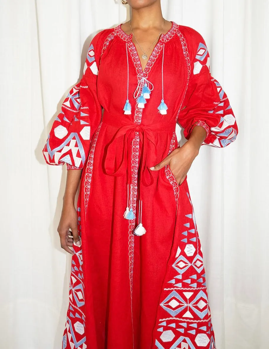 Red embroidered dress