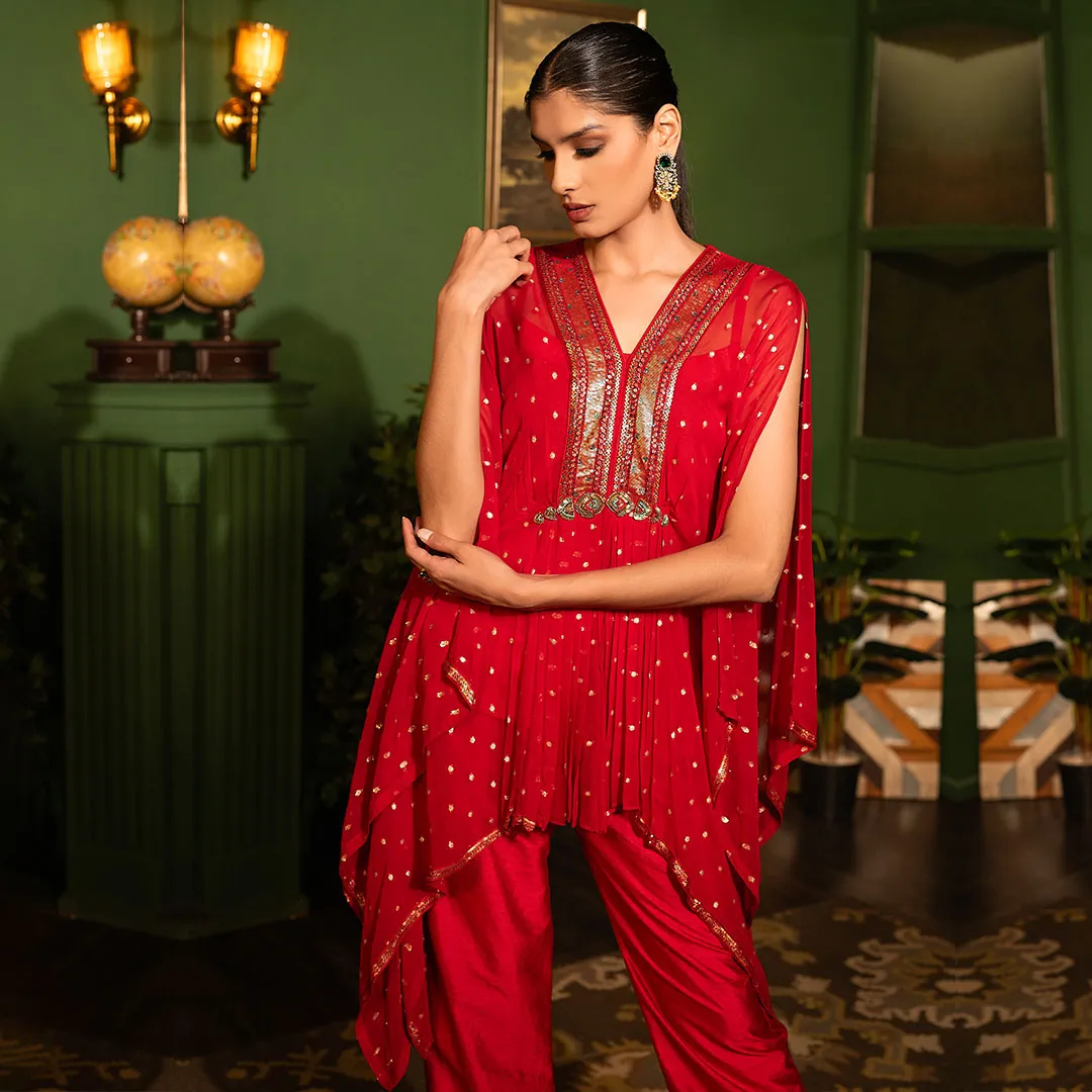 Red Flared Sleeves Pleated Tunic And Pant Set