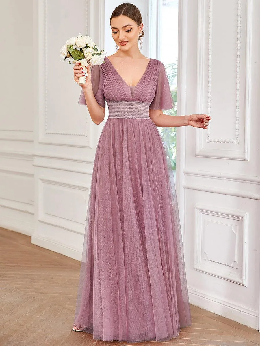 Robe de demoiselle d'honneur en tulle plissée à manches courtes et double col en V(Vente finale)