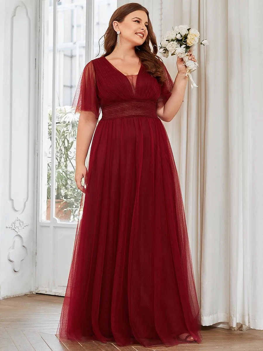 Robe de demoiselle d'honneur en tulle plissée à manches courtes et double col en V(Vente finale)