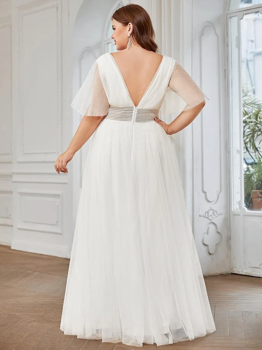 Robe de demoiselle d'honneur en tulle plissée à manches courtes et double col en V(Vente finale)