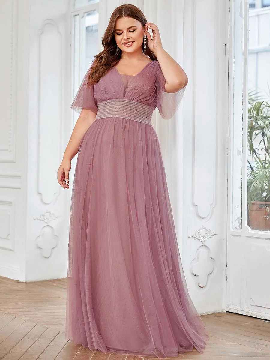 Robe de demoiselle d'honneur en tulle plissée à manches courtes et double col en V(Vente finale)