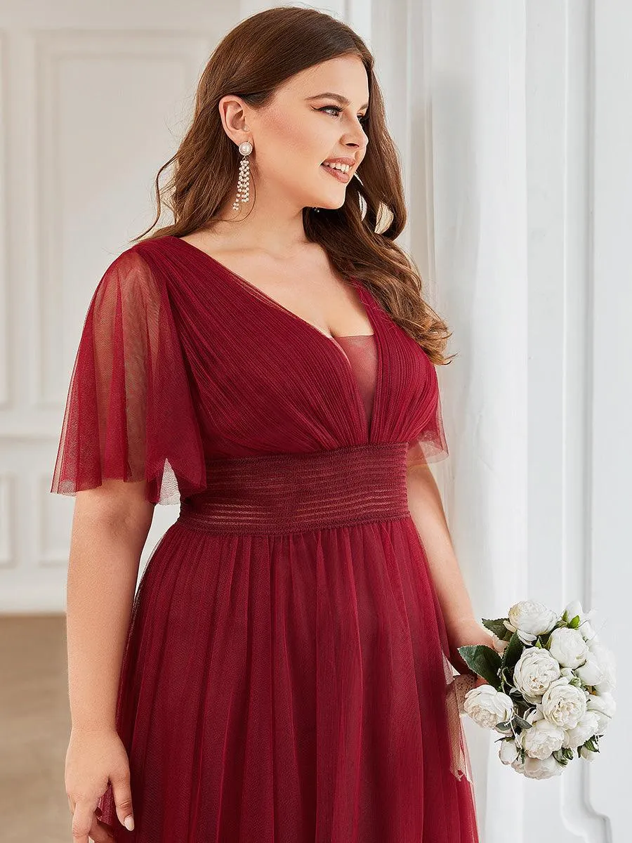 Robe de demoiselle d'honneur en tulle plissée à manches courtes et double col en V(Vente finale)