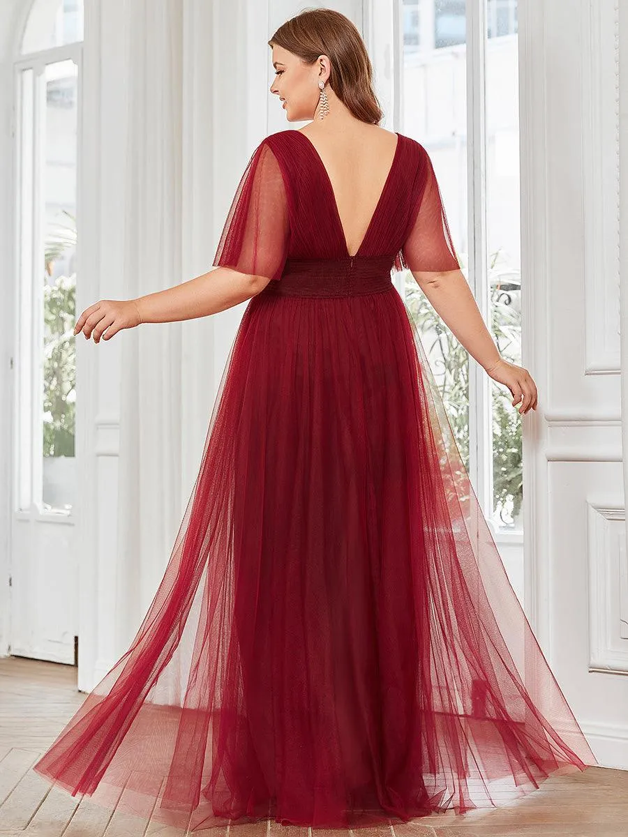 Robe de demoiselle d'honneur en tulle plissée à manches courtes et double col en V(Vente finale)