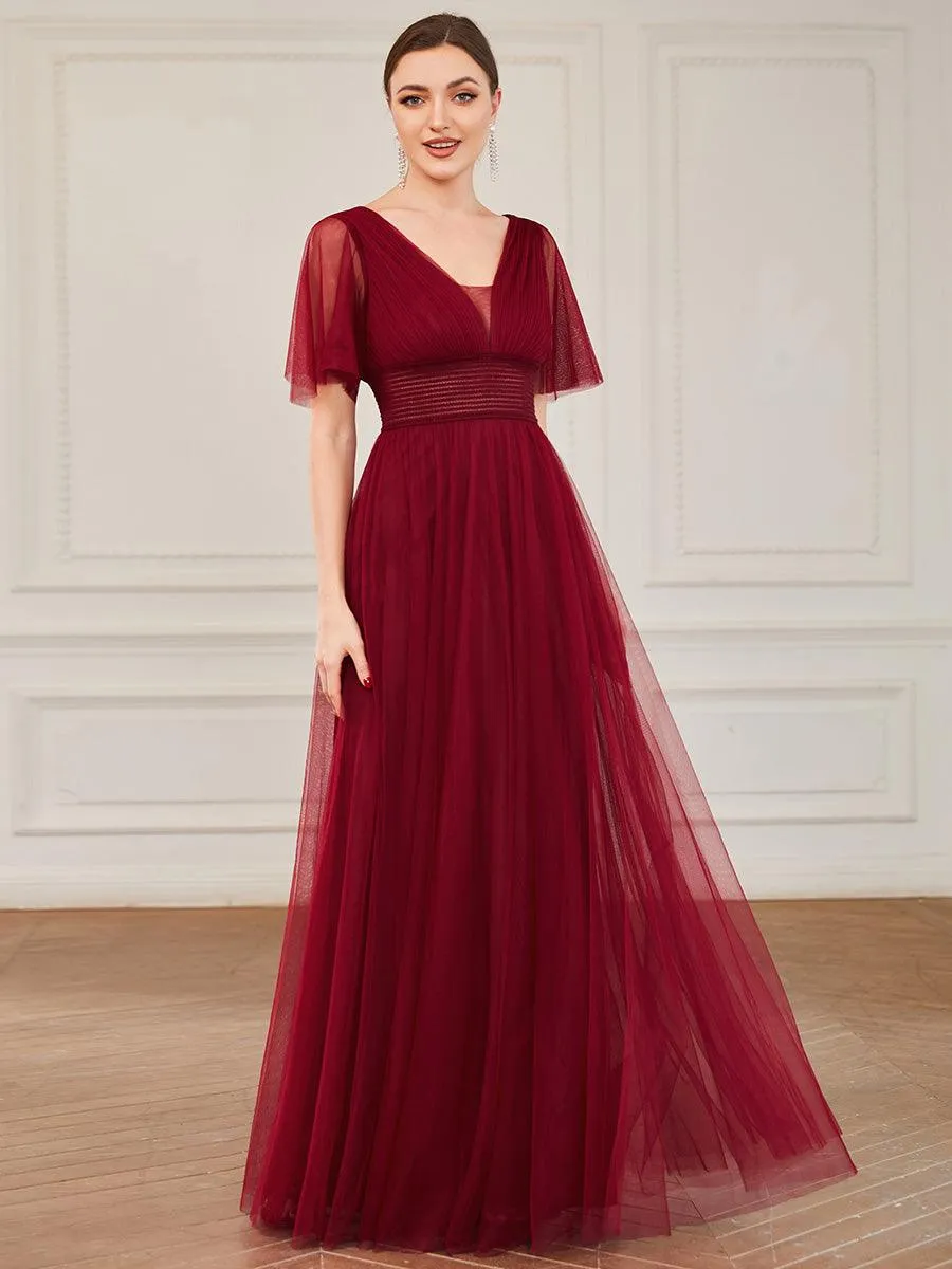 Robe de demoiselle d'honneur en tulle plissée à manches courtes et double col en V(Vente finale)