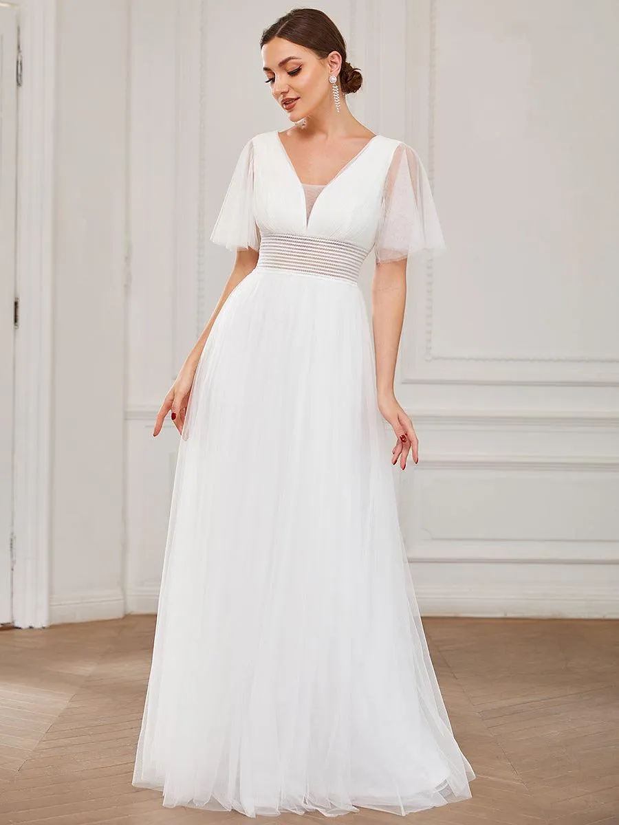 Robe de demoiselle d'honneur en tulle plissée à manches courtes et double col en V(Vente finale)