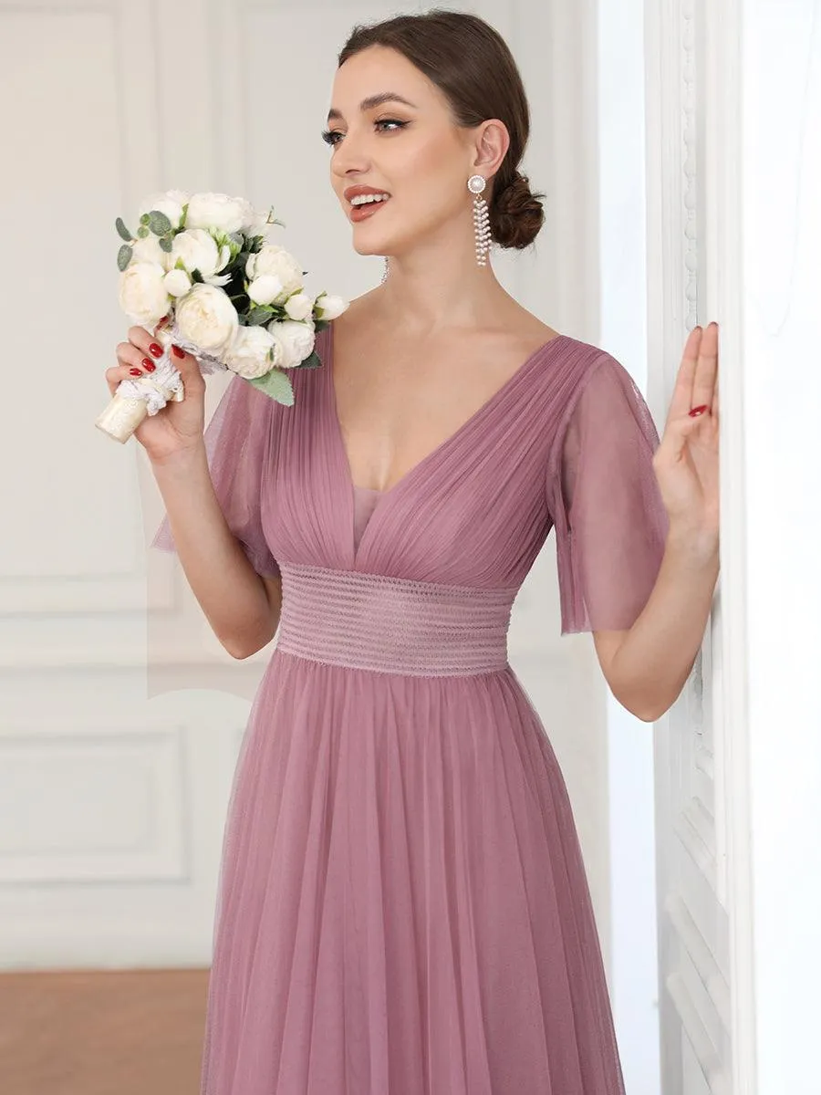 Robe de demoiselle d'honneur en tulle plissée à manches courtes et double col en V(Vente finale)