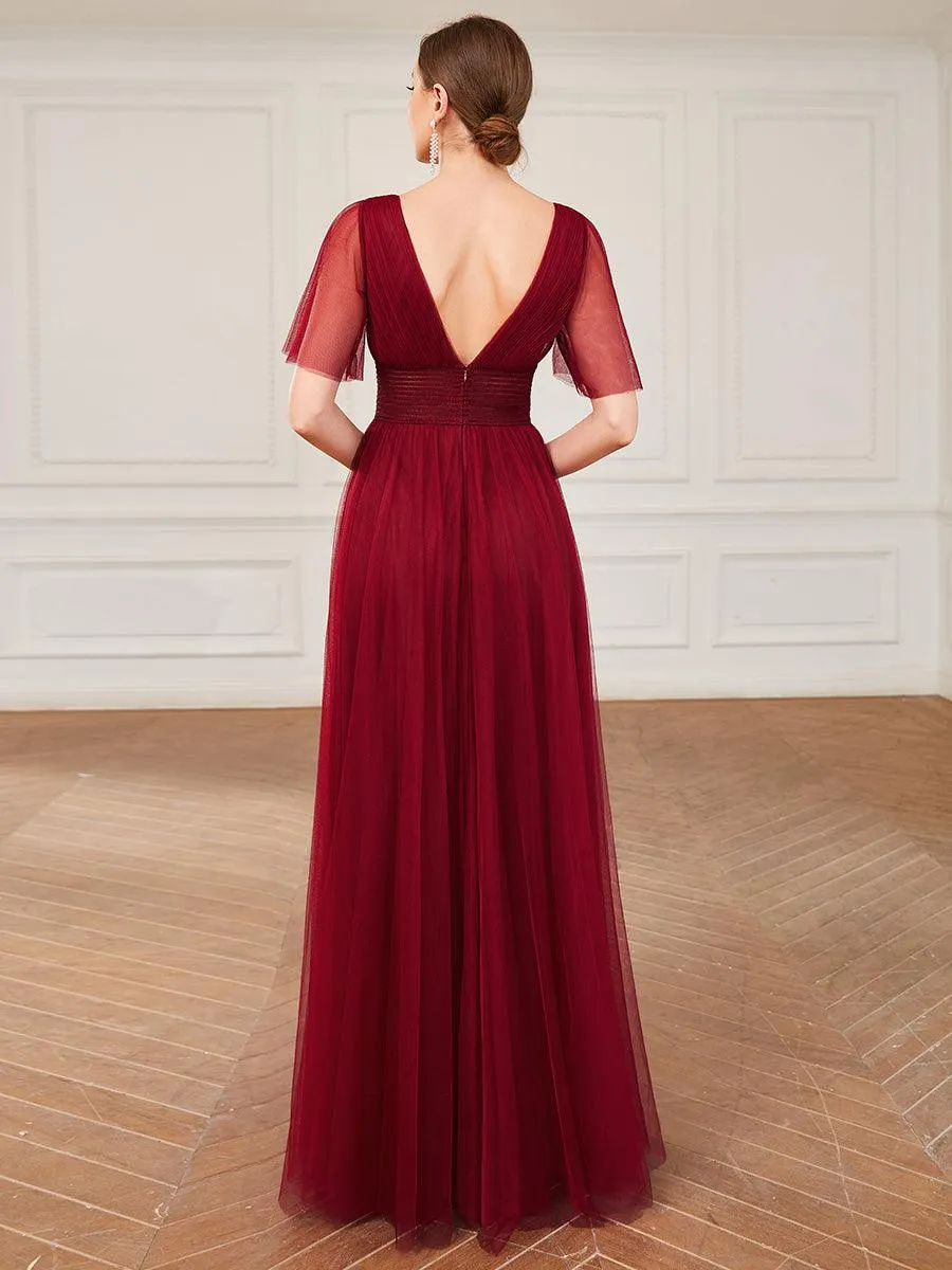 Robe de demoiselle d'honneur en tulle plissée à manches courtes et double col en V(Vente finale)