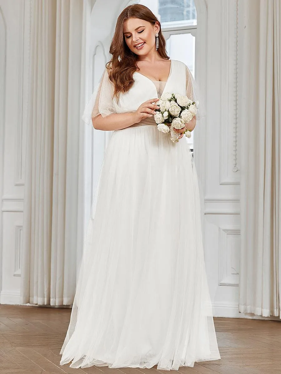Robe de demoiselle d'honneur en tulle plissée à manches courtes et double col en V(Vente finale)