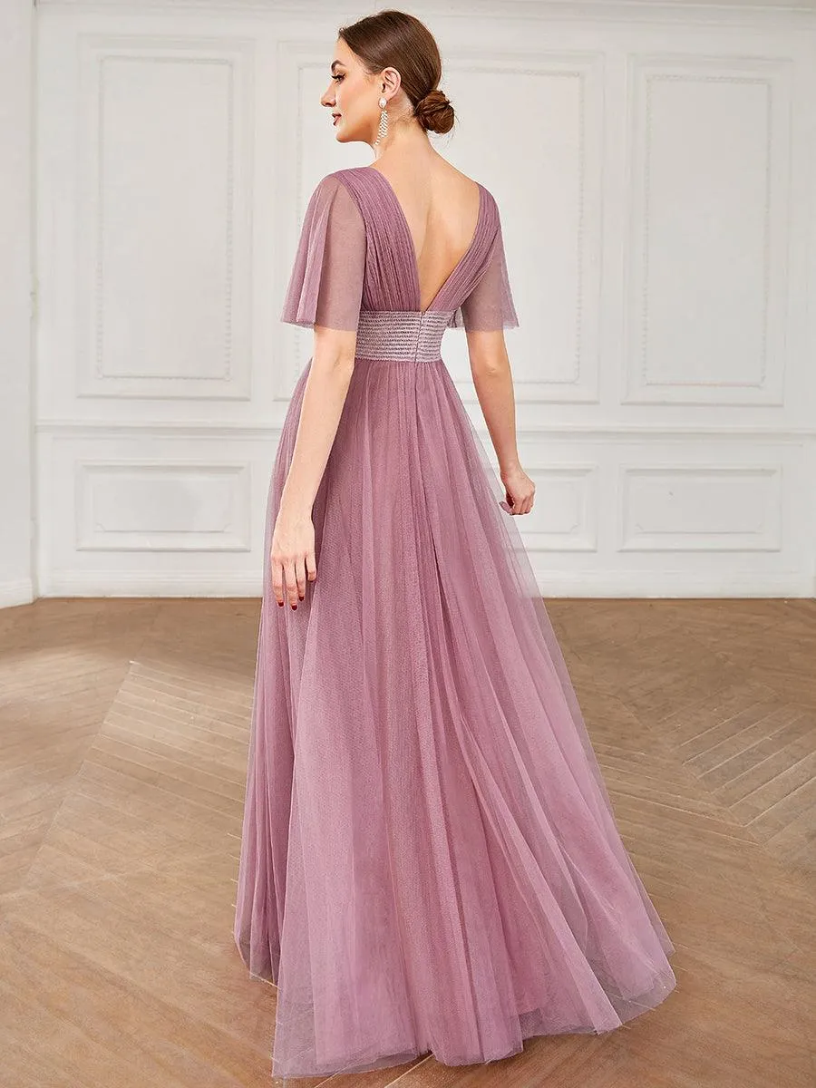 Robe de demoiselle d'honneur en tulle plissée à manches courtes et double col en V(Vente finale)