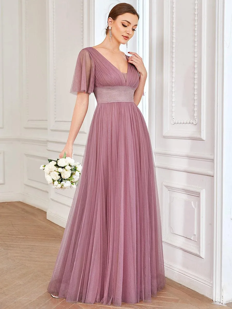 Robe de demoiselle d'honneur en tulle plissée à manches courtes et double col en V(Vente finale)