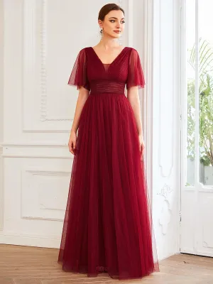 Robe de demoiselle d'honneur en tulle plissée à manches courtes et double col en V(Vente finale)