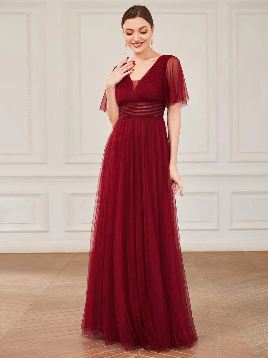 Robe de demoiselle d'honneur en tulle plissée à manches courtes et double col en V(Vente finale)