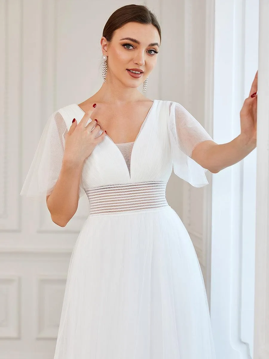 Robe de demoiselle d'honneur en tulle plissée à manches courtes et double col en V(Vente finale)
