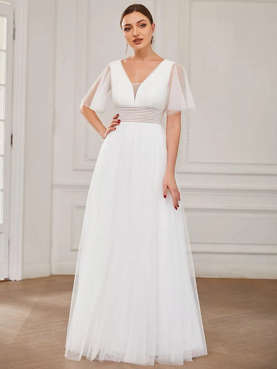 Robe de demoiselle d'honneur en tulle plissée à manches courtes et double col en V(Vente finale)