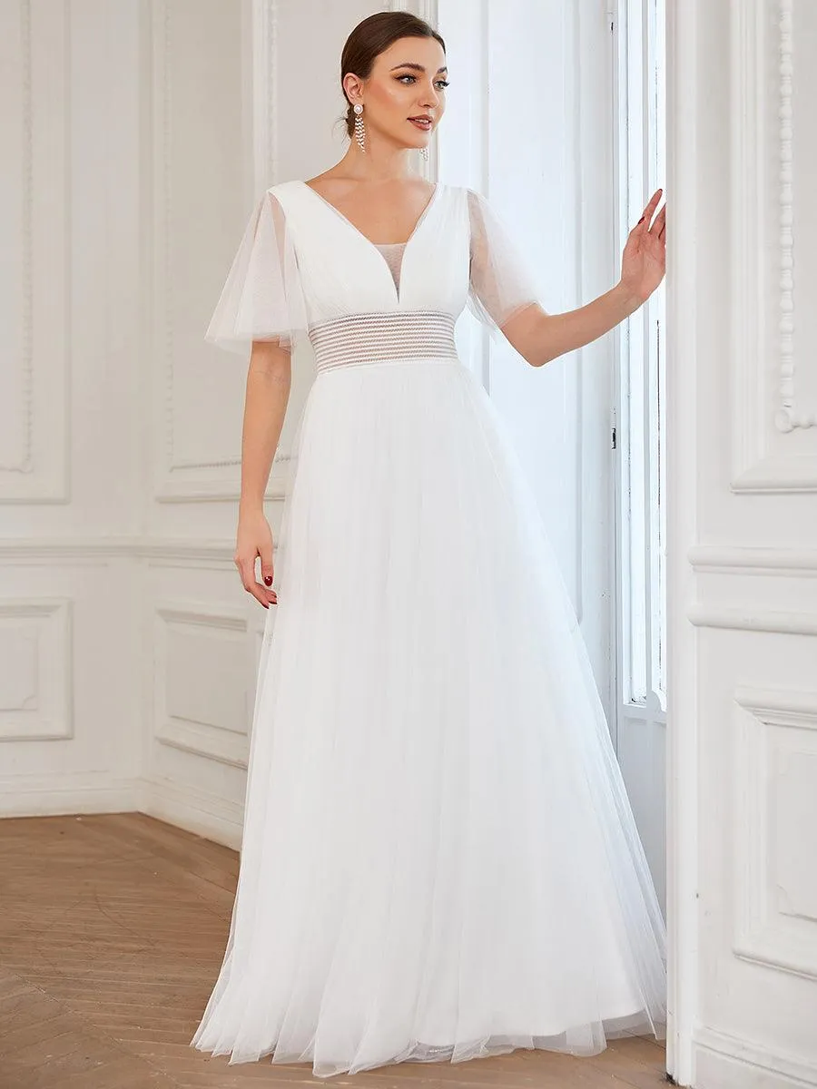 Robe de demoiselle d'honneur en tulle plissée à manches courtes et double col en V(Vente finale)
