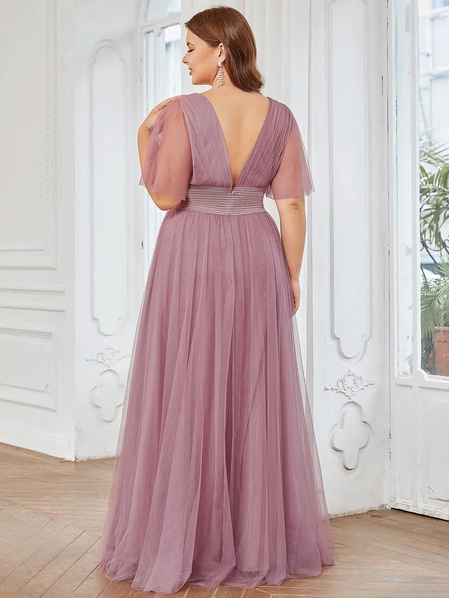 Robe de demoiselle d'honneur en tulle plissée à manches courtes et double col en V(Vente finale)