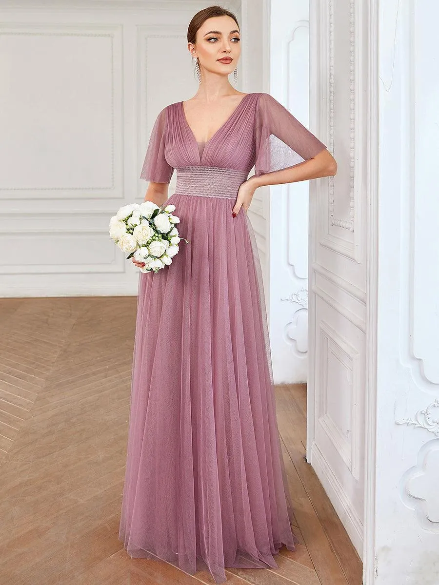 Robe de demoiselle d'honneur en tulle plissée à manches courtes et double col en V(Vente finale)