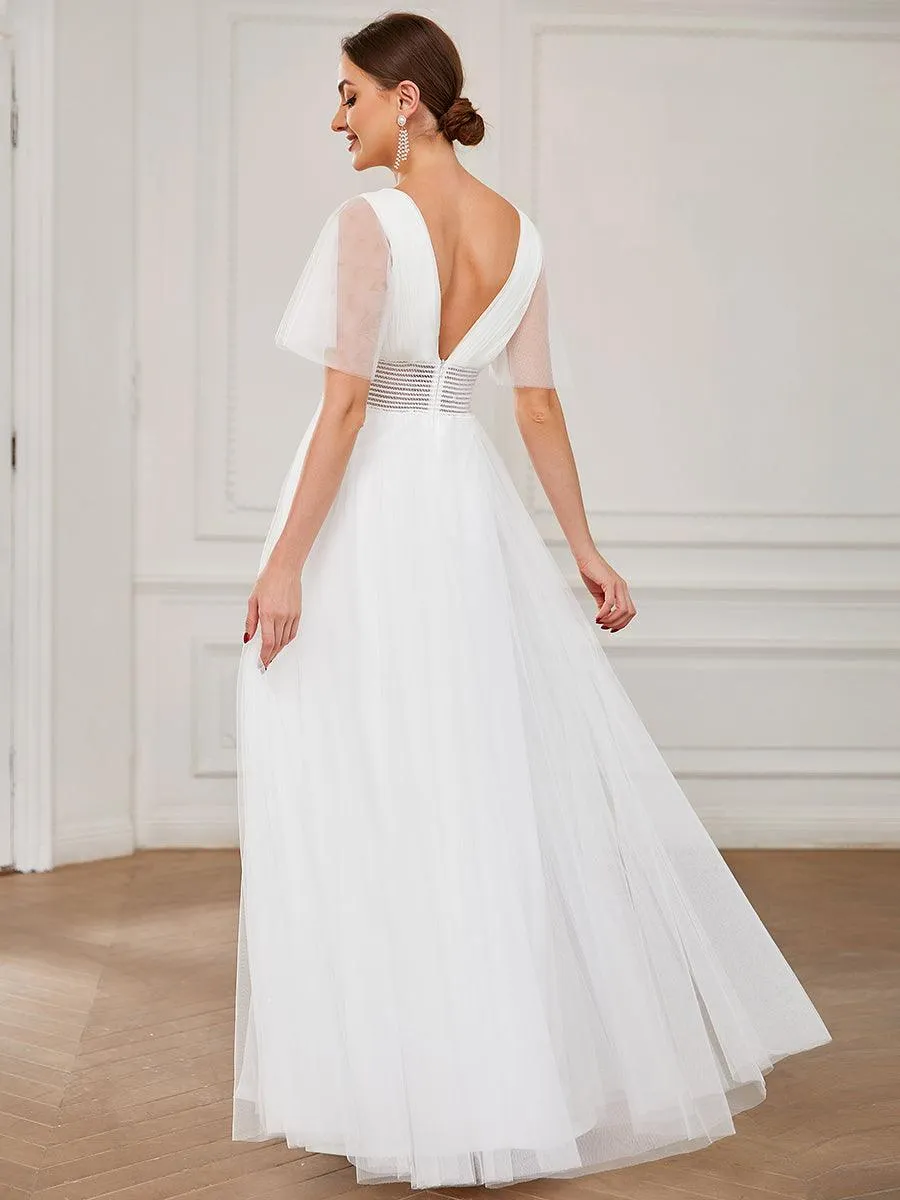 Robe de demoiselle d'honneur en tulle plissée à manches courtes et double col en V(Vente finale)