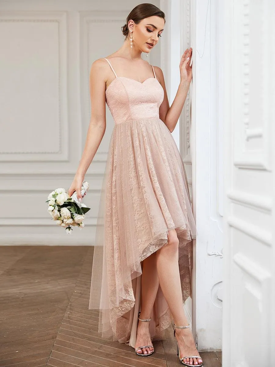 Robe de demoiselle d'honneur haut-bas à bretelles minces en dentelle(Vente finale)