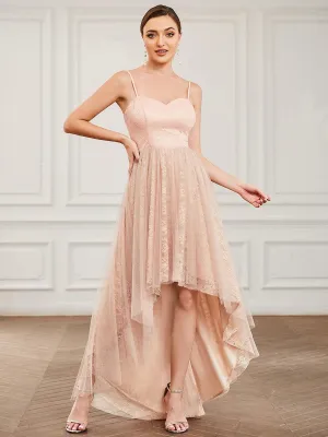 Robe de demoiselle d'honneur haut-bas à bretelles minces en dentelle(Vente finale)